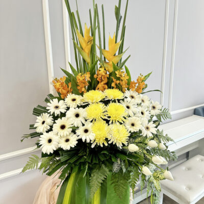 funeral flower stand arranged on a 170cm stand with yellow chrysanthemum, white gerbera, white rose, crab and orchid accents