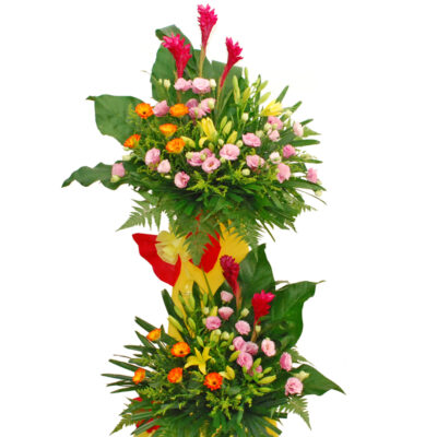 congratulation flower stand featuring red ginger, pink eustoma, yellow tiger lily and orange gerbera with lush green foliage, standing tall at about 185cm.