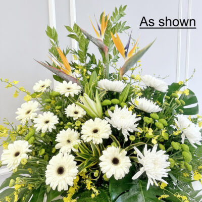 a funeral flower stand featuring white gerbera, chrysanthemum pompom, bird of paradise and delicate yellow dancing lady orchids