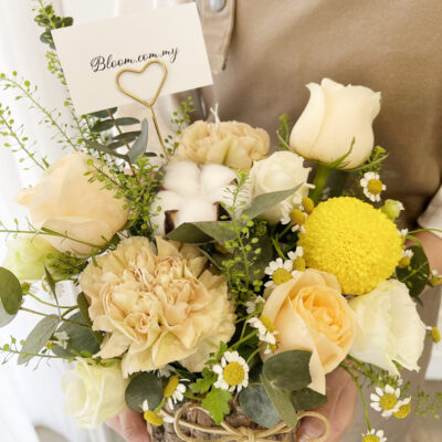 a natural bark bucket flower arrangement with mixed imported carnations, delicate chamomiles, and soft champagne roses