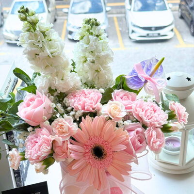 a pastel flower box featuring pink carnations, pink roses, white matthiola and babyโs breath