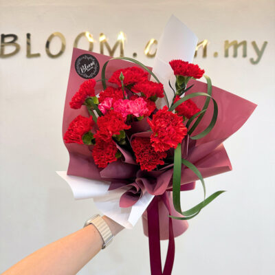 a flower bouquet featuring 12 red carnations with carnation spray wrapped in mauve and white paper with green leaf accents