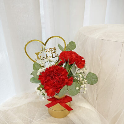 a compact flower arrangement featuring bright red carnations and small white flowers arranged in a gold box with a heart-shaped happy mother day sign