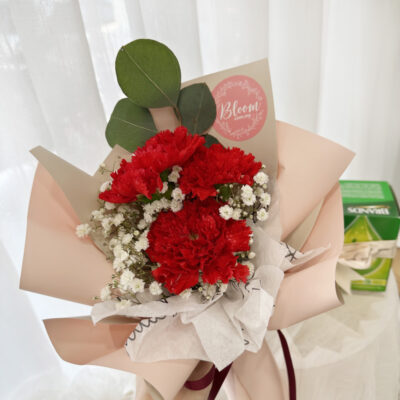 flower bouquet featuring three vibrant red carnations and delicate white filler flowers in pastel wrap