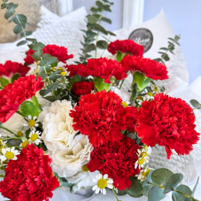flower bouquet featuring vibrant red carnations and soft peach carnation spray with green eucalyptus leaves wrapped in layered brown paper