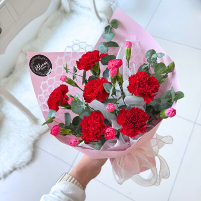 flower bouquet of 6 red carnations with pink carnation spray wrapped in pink paper and white mesh overlay